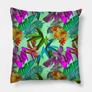 tropical floral leaves botanical garden, tropical plants,leaves and flowers, green mint leaves pattern Pillow