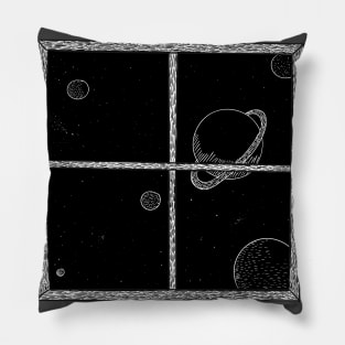 Window dreaming the starry sky at bedtime night.imagining boundless space with myriad of stars Pillow