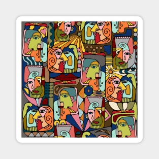 Cubist Picasso Style Faces In Mid Century Modern Colors Magnet