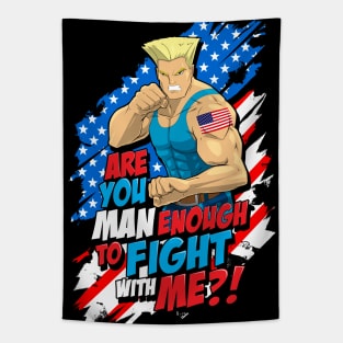 Street Fighter Guile: Are You Man Enough to Fight With Me? (Blue) Tapestry