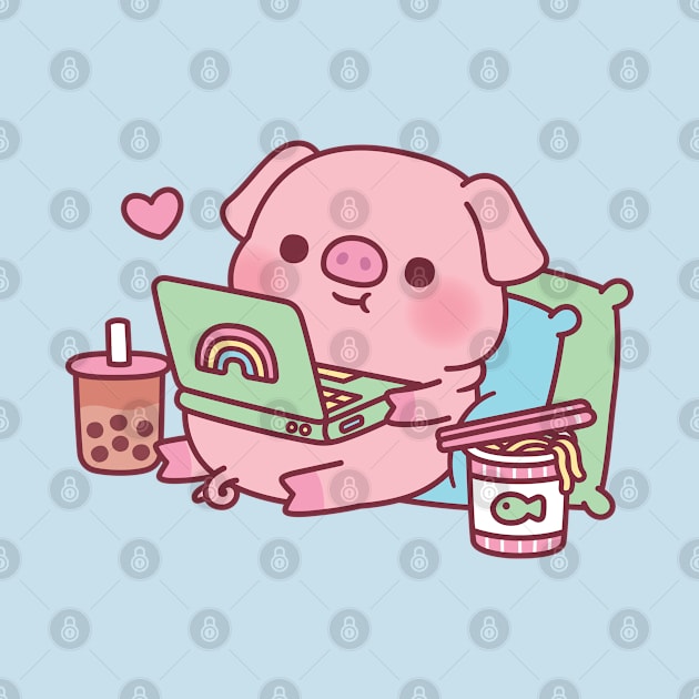 Cute Pig Chilling With Laptop Boba Tea And Instant Noodles by rustydoodle