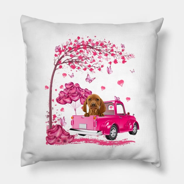 Valentine's Day Love Pickup Truck Vizsla Pillow by Vintage White Rose Bouquets