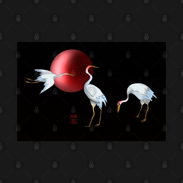 Japanese cranes with a red sun on a black background by cuisinecat