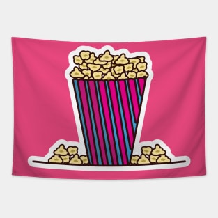 Popcorn In Popcorn Pack Sticker vector illustration. Movie cinema icon concept. Snack food. Big red blue strip box with popcorn sticker vector design with shadow. Tapestry