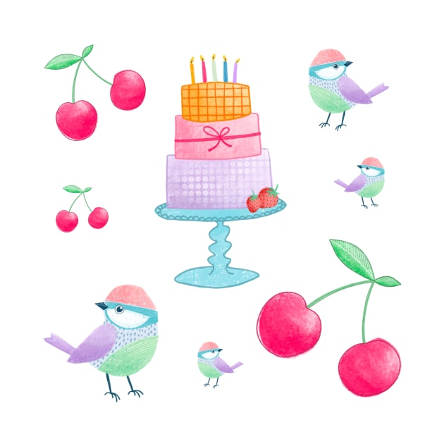 Cherry, birds and birthday cake by ColorsHappiness