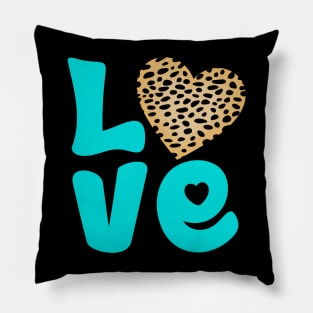 Cheetah Fur Pattern and Turquoise Hearts with Love Word Pillow