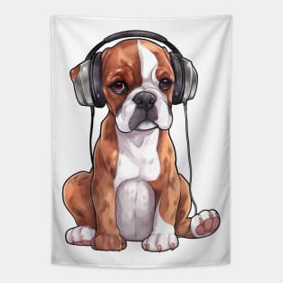 Watercolor Boxer Dog with Headphones Tapestry