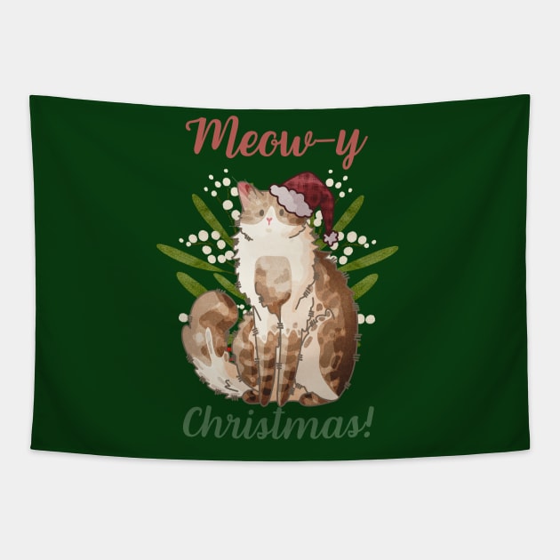 Meow-y Christmas! - Cream Fluffy Cat Tapestry by Feline Emporium