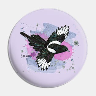 A watercolor drawing of a flying magpie Pin