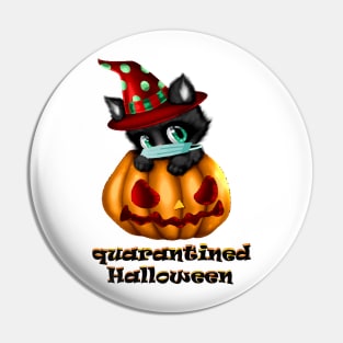 Quarantined Halloween, Pumpkin Cat Wearing Face Mask 2020 Pin