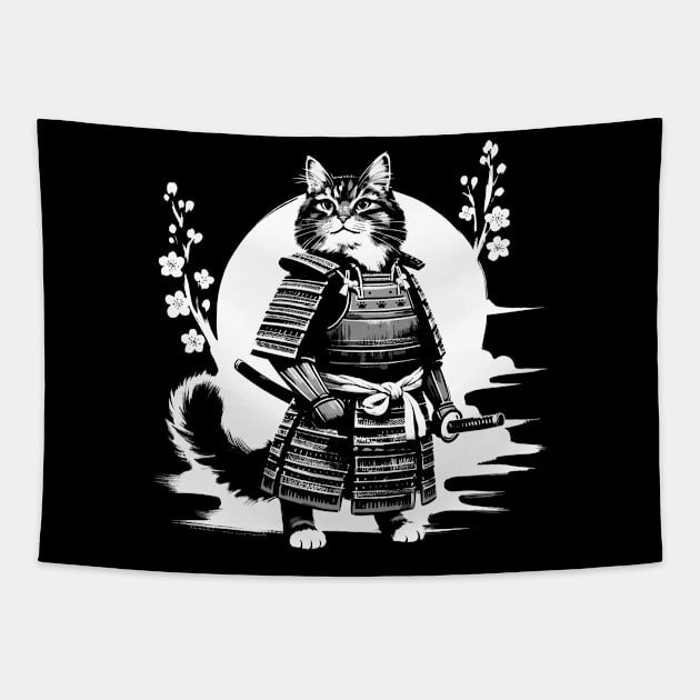 Kawaii Cat Anime Japanese Retro Samurai Novelty Funny Cat Tapestry by KsuAnn