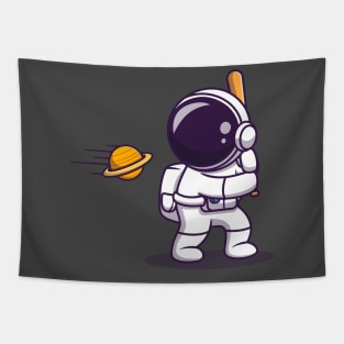 Cute Astronaut Hit Planet Ball With Baseball Stick Cartoon Tapestry