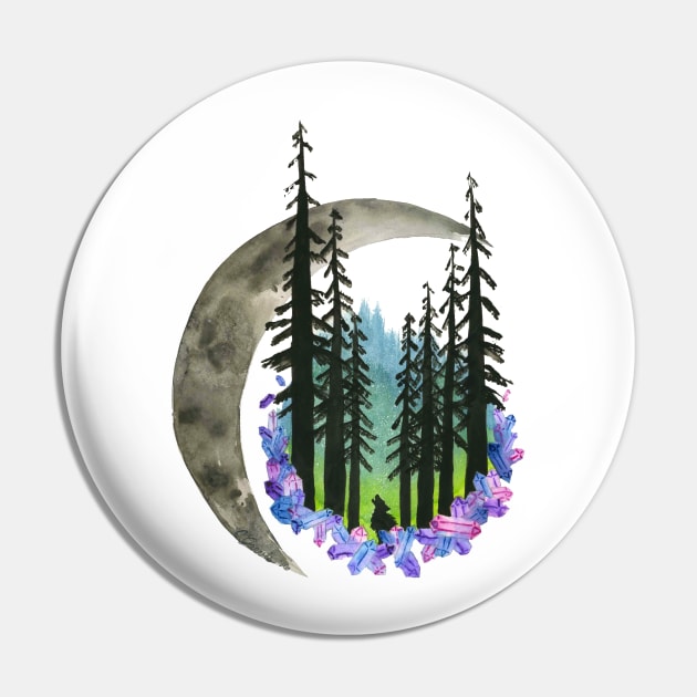 Hand Painted Watercolor Northern Lights & Moon Pin by SingeDesigns