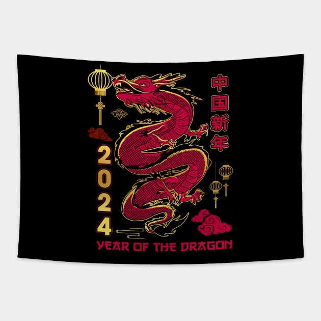 Chinese Year of Dragon 2024 Happy New Year Christmas 2024 Tapestry by Gendon Design