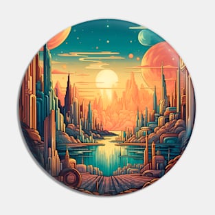 Radiant Horizons: Golden Sci-fi Scene Pin