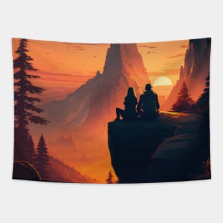 Mountain Hiking Sunset, Adventure Travel Couples Tapestry