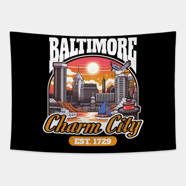 Baltimore Charm City Cartoon Cityscape Tapestry by TheMaskedTooner