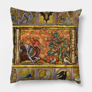 MEDIEVAL BESTIARY,RED DRAGON ,TREE OF LIFE AND BIRDS ,FANTASTIC ANIMALS IN GOLD RED BLUE COLORS Pillow