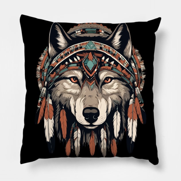 Native American Wolf Tribal Pillow by Ray Crimson