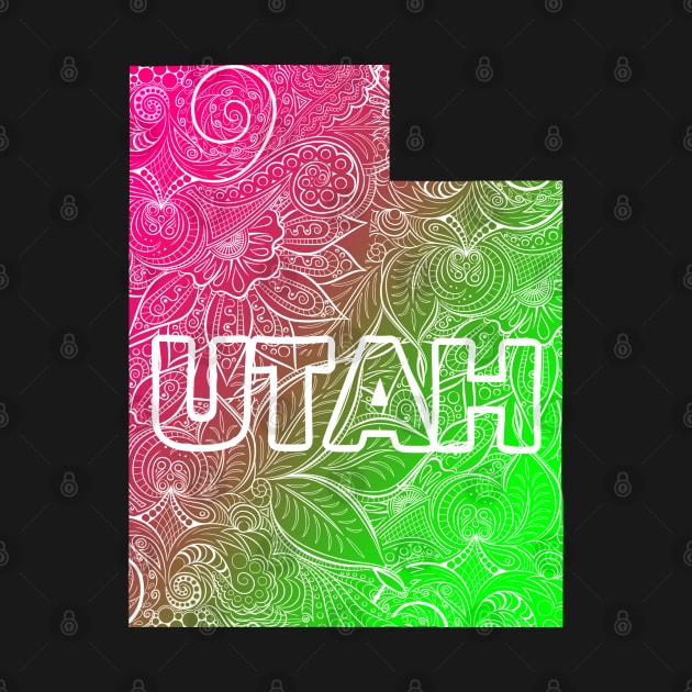 Colorful mandala art map of Utah with text in pink and green by Happy Citizen