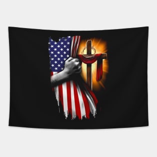 American Flag Cross Jesus Hand Pride Christian Nurse Heartbeat Tapestry