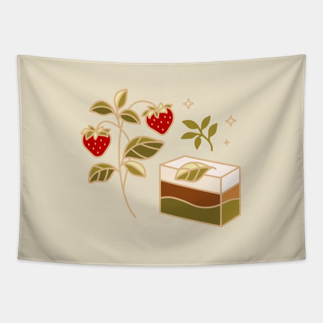 Matcha chocolate cake and strawberry plant Tapestry by thecolorblooms