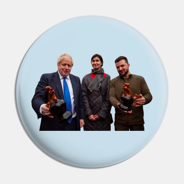 Zelensky and Boris Johnson with Ceramic Chickens Pin by GrellenDraws