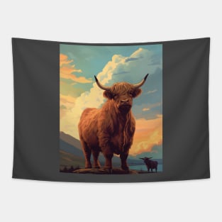 Highland Cattle Sunset Retro Art | Vintage-Inspired Landscape with Scottish Cows Tapestry