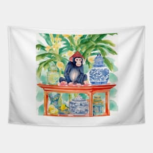 Preppy monkey, lemons and chinoiserie jars Tapestry