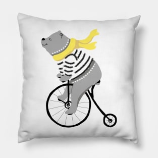 Happy Bear Riding a Bicycle Pillow