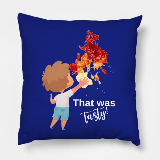 funny design with ketchup stain and kid, for dark background Pillow by Artpassion