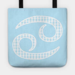 Cancer Zodiac Horoscope Symbol in Pastel Blue and White Gingham Pattern Tote