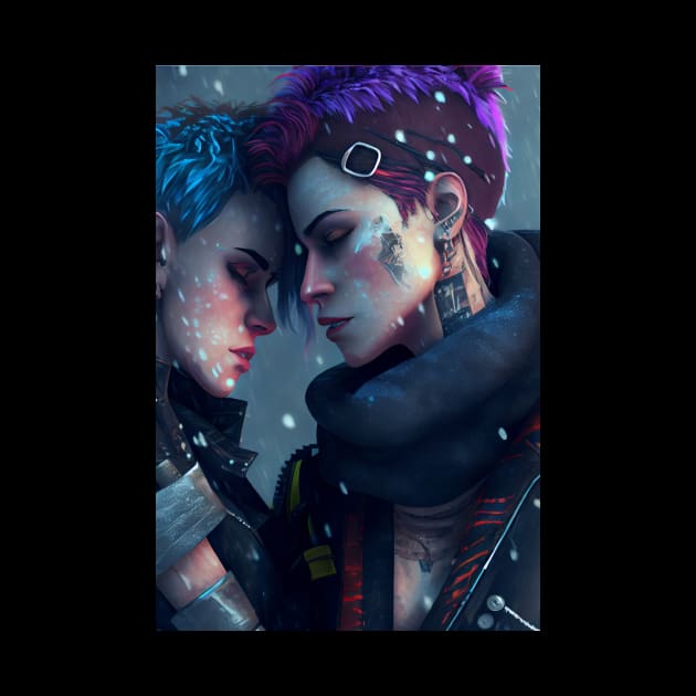 Futuristic Cyberpunk Lesbian Lovers Embrace in Emotional Portrait by Cyber Punks AI