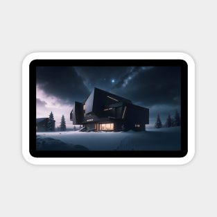 Black futuristic house in snowy place Magnet