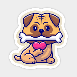 Cute Pug Dog Bite Bone And Holding Love Cartoon Magnet