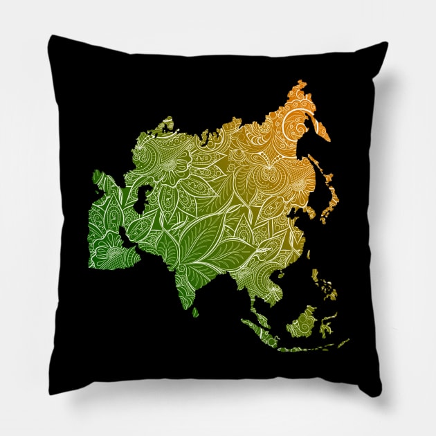 Colorful mandala art map of Asia with text in green and orange Pillow by Happy Citizen