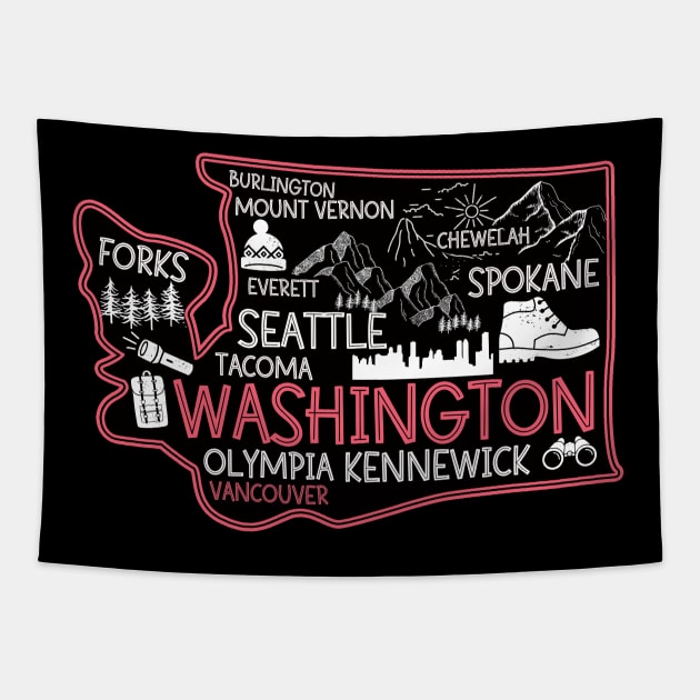 Washington Vancouver cute map Tacoma Forks Spokane Tapestry by BoogieCreates