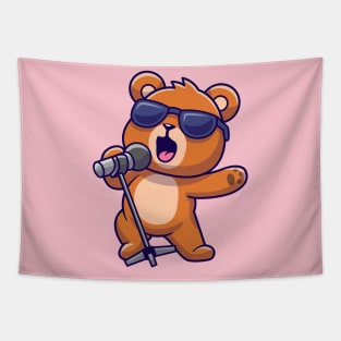 Cute Bear Singing Cartoon Tapestry