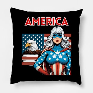 America: American Flag Bald Eagle Female Superhero 4th of July Pillow