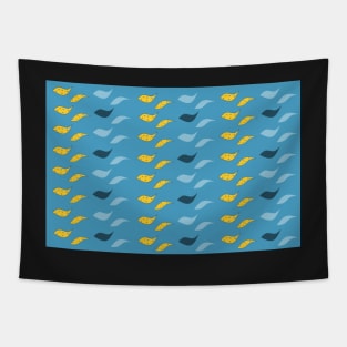 Yellow, blue and white paisley fish on blue backqround Tapestry