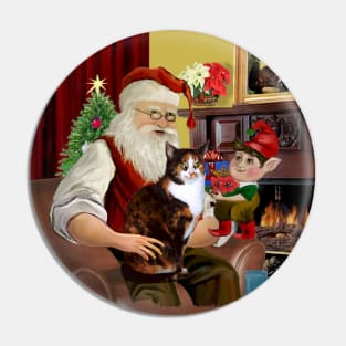 Santa at Home with His Calico Cat with a White Bib Pin