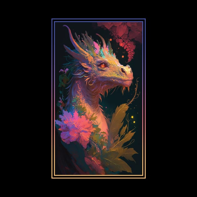 Dragon Vibrant Tropical Flower Tall Digital Oil Painting Portrait by ArtHouseFlunky