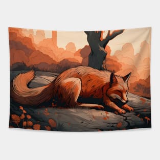 Tranquil Fox Slumber under Orange Sky Tapestry