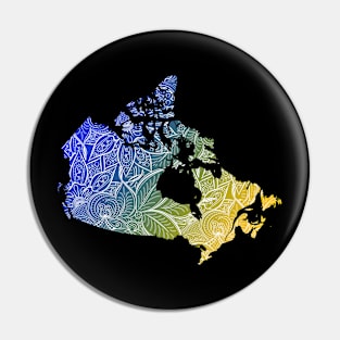 Colorful mandala art map of Canada with text in blue and yellow Pin