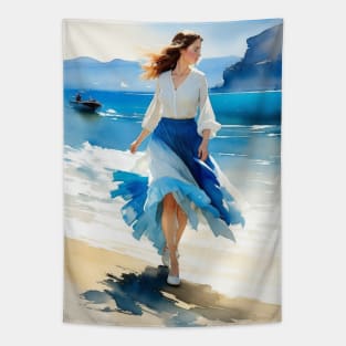 woman walking by the beach Tapestry