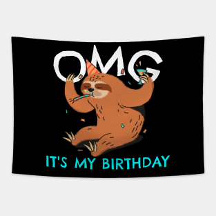 OMG It's My Birthday Sloth Party Tapestry