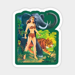 REVISTANGO #210 - Fearless Jungle Pin-Up Warrior Standing beside a Fierce Tiger and Majestic Elephant under Tropical Sunlight in a Bold 1950s Adventure Comic Scene with Vibrant Green Leaves and Golden Light Creating Cinematic Exotic Beauty Vintage Magnet