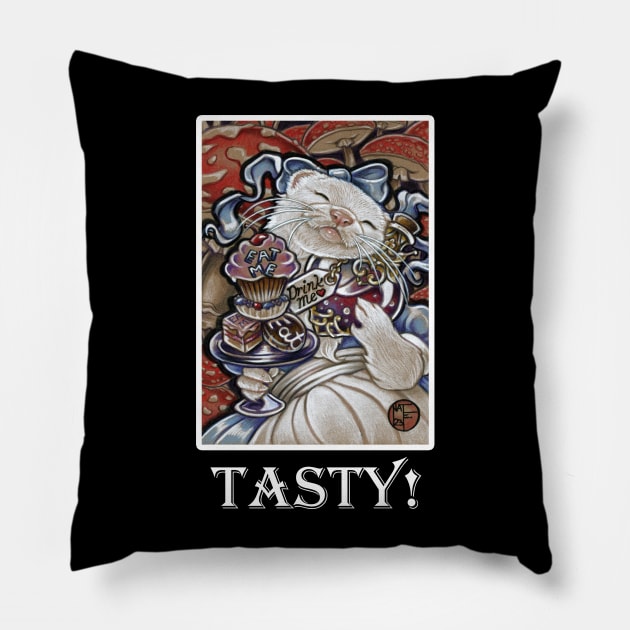 Alice Ferret - Tasty Quote - White Outlined Version Pillow by Nat Ewert Art