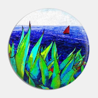 Agave Plant Seascape Red Sail Sailboat Sailing Painting Pin