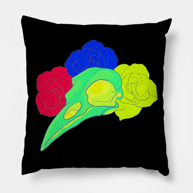 Neon Bird Skull Pillow by CrossfireCreations